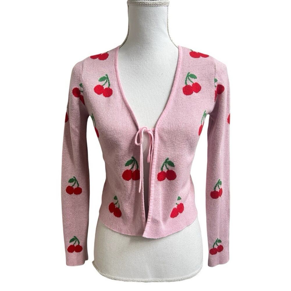 Nikka K Cherry Cardigan Sweater XS Cropped Tie Front Cottage Twee Girlhoodcore